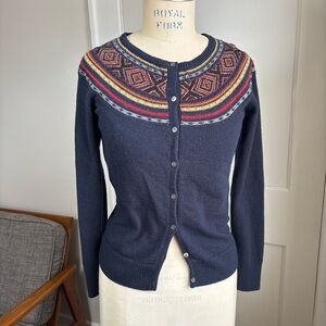 Vintage Lucky Brand Navy Blue Fair Isle Beaded Embroidered Wool Blend Cardigan